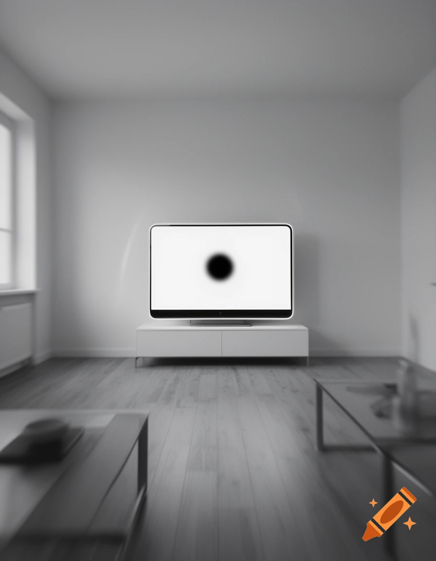 A minimalist apartment room with a white TV showing a black dot, capturing a liminal space aesthetic.