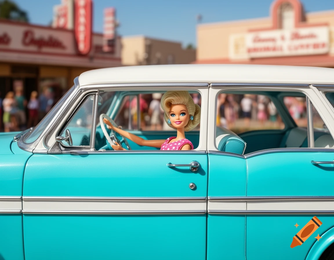A Barbie doll with blonde hair in a pink polka dot top drives a turquoise and white vintage Chevrolet Bel Air on a sunny street.