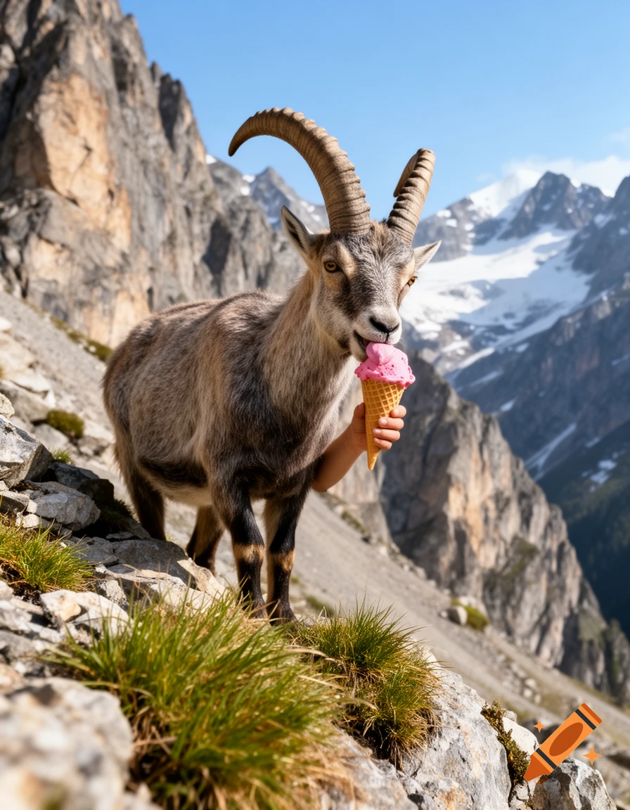 Photorealistic ibex licking pink ice cream from a cone held by a hand on a rocky mountain trail, with distant snowy peaks under a blue sky.