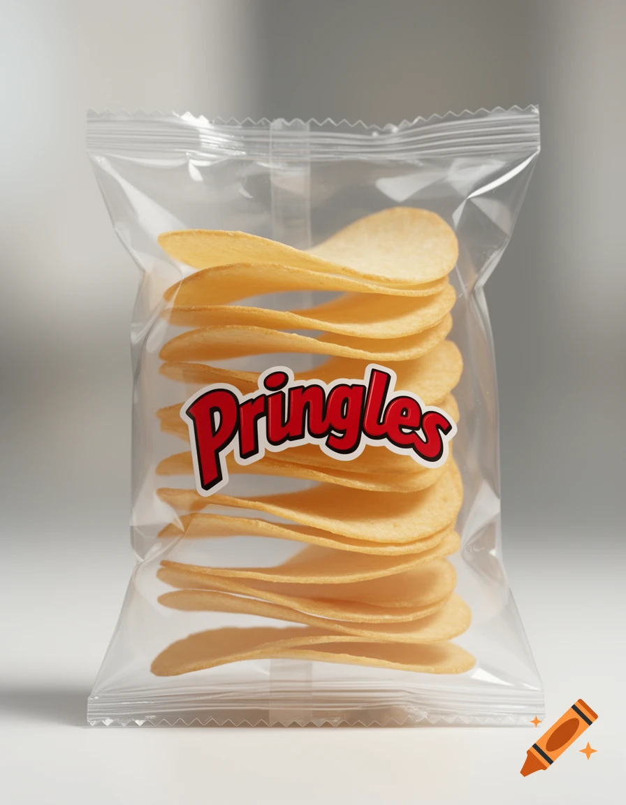 A clear plastic bag filled with stacked Pringle-like potato chips, with "Pringles" printed in red on the front.