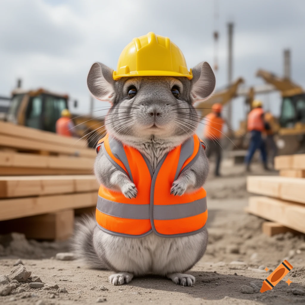 A cute photorealistic chinchilla in a yellow hardhat and orange safety vest stands at a construction site.
