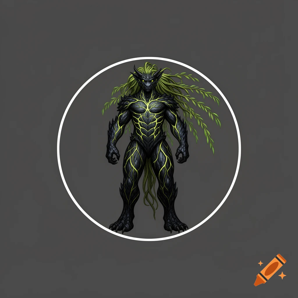 A circular D&D token of a heroic half-dryad dragonborn warrior with black scales, glowing green cracks, and willow branch hair.
