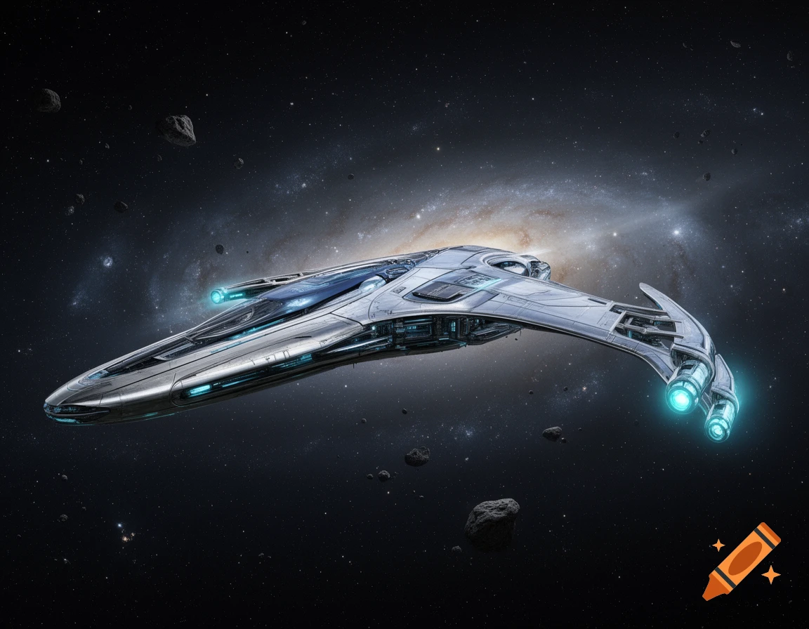 A sleek silver spaceship with glowing blue engines flies through space, with a galaxy and asteroids in the background.