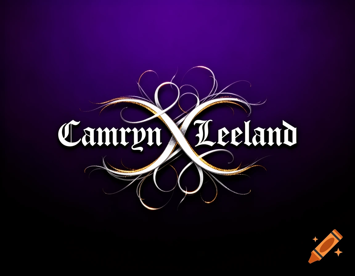 A stylized logo with the names 'Camryn' and 'Leeland' in white blackletter font, adorned with silver and gold swirls on a purple-black gradient background.