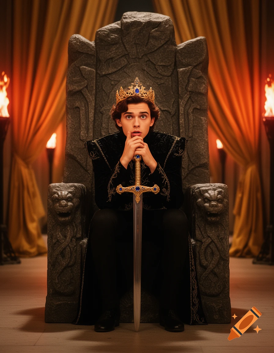 A photorealistic portrait of a young man with a crown and sword, sitting thoughtfully on a stone throne in a torchlit hall.