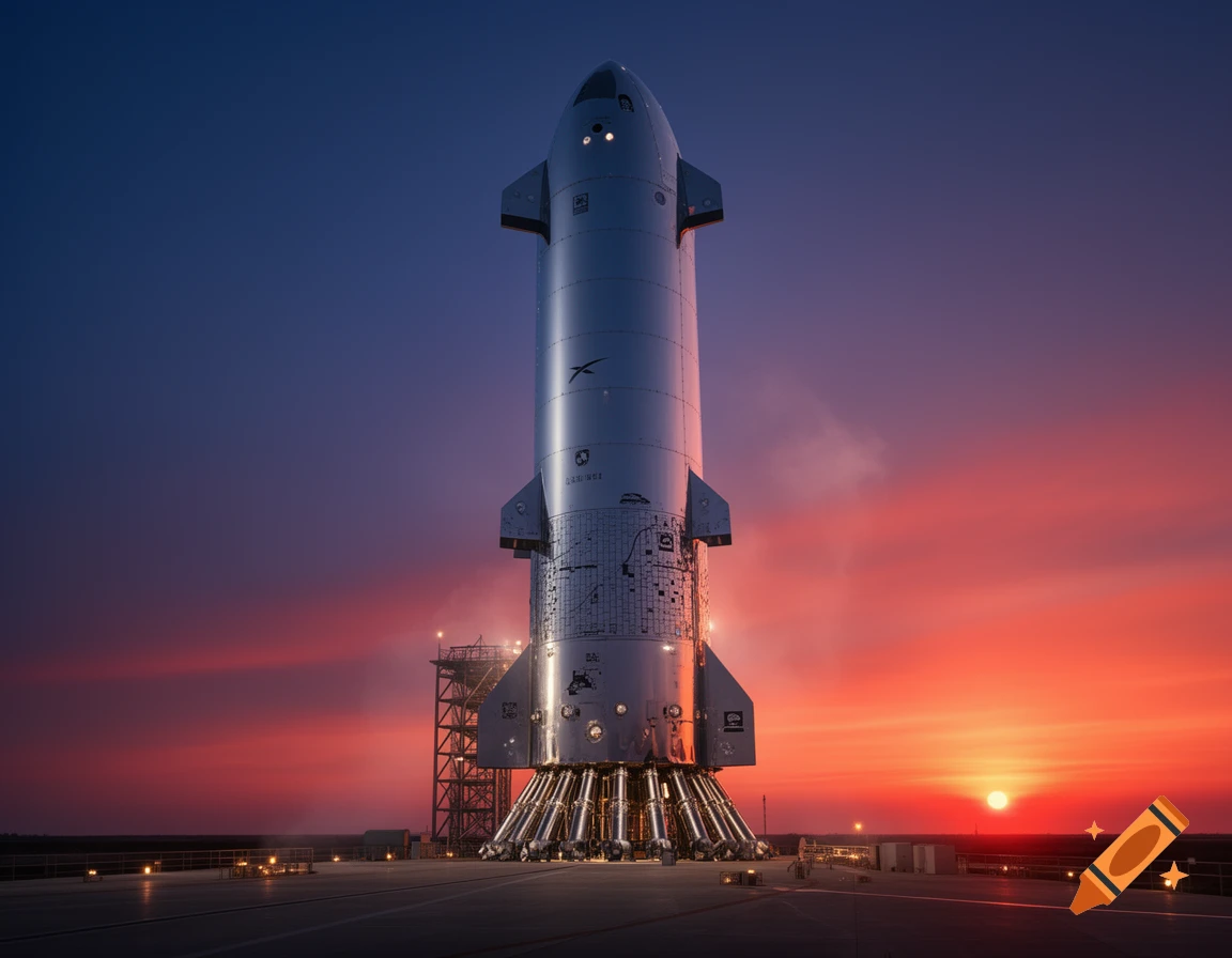 A towering SpaceX Starship rocket stands on a launchpad against a vibrant red and blue sunset sky.