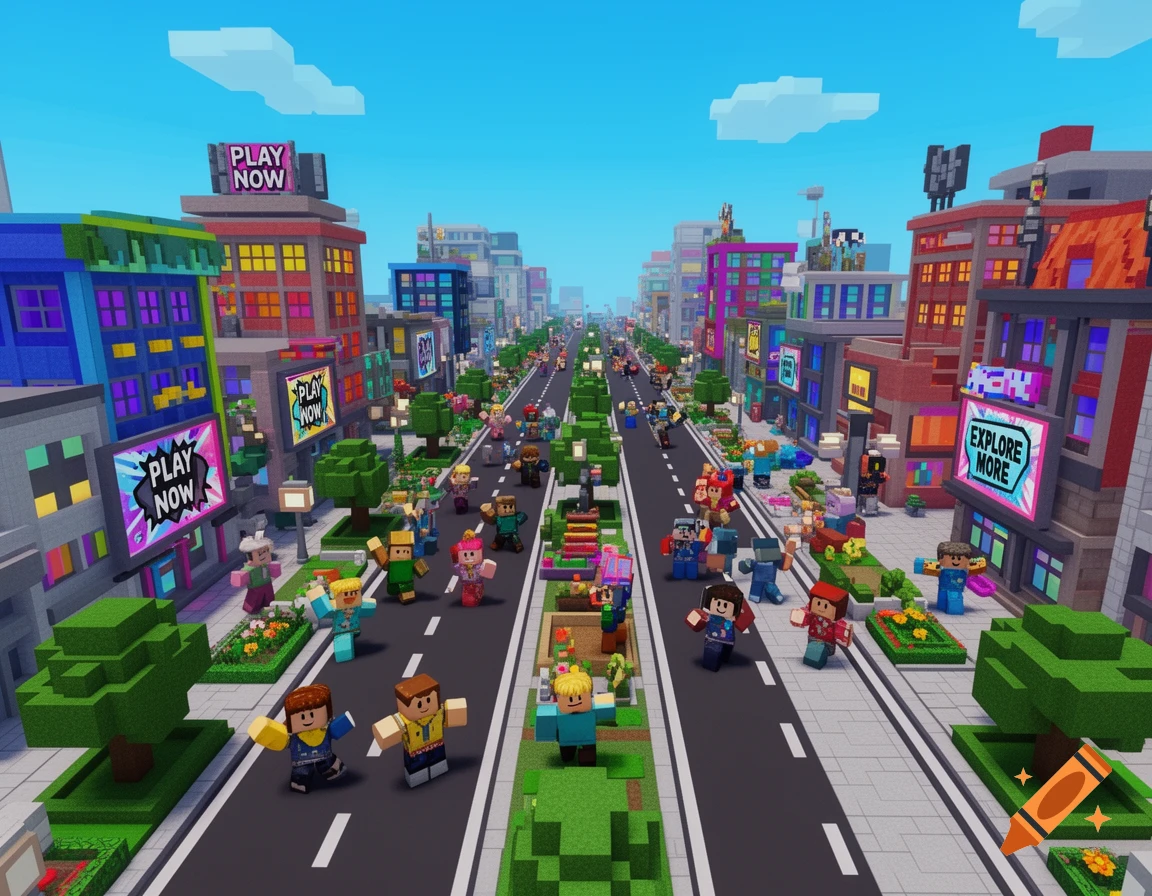 A colorful voxel art city street with many blocky characters walking past buildings with 'PLAY NOW' and 'EXPLORE MORE' signs.