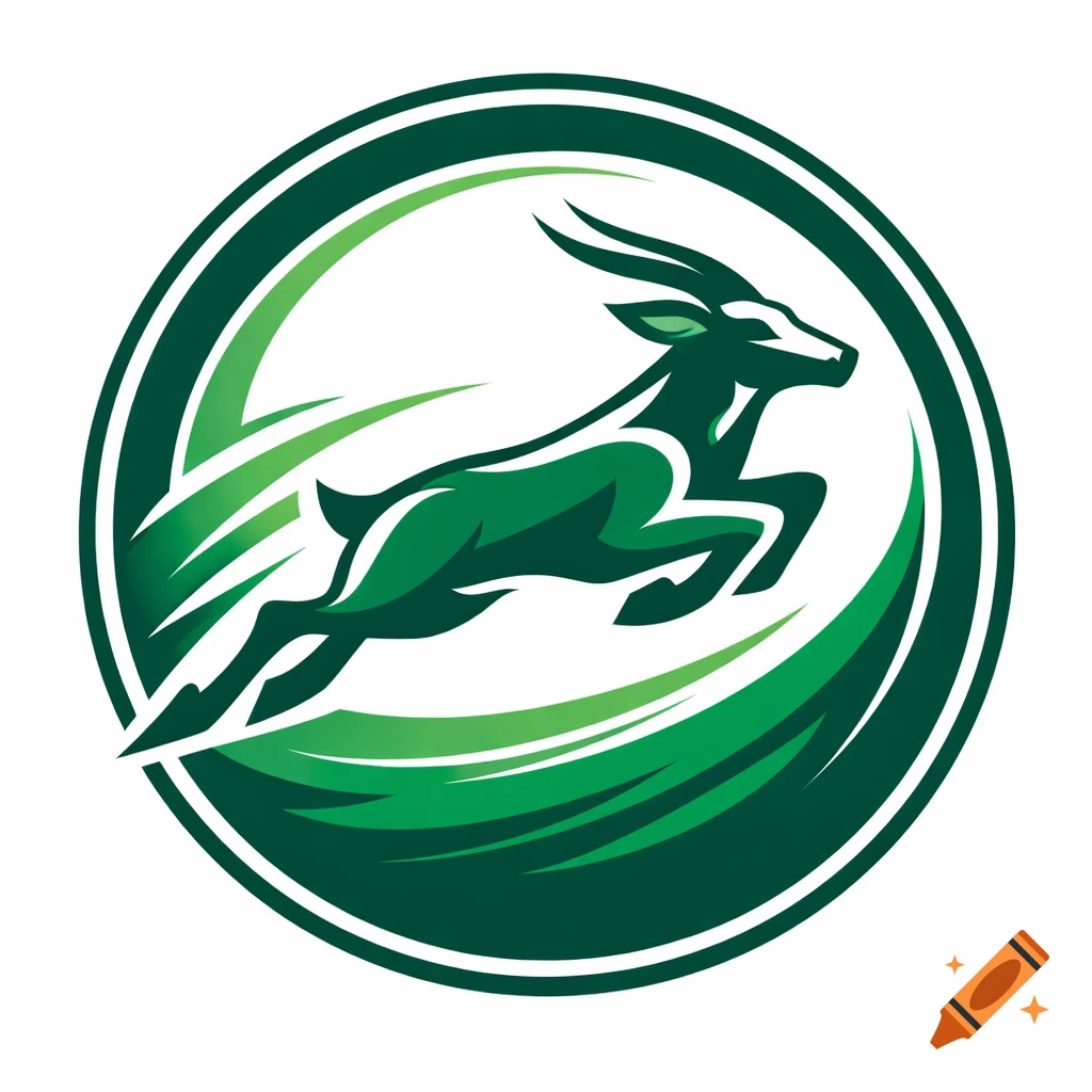 Green stylized logo of a jumping gazelle or deer with motion lines within a double circle.