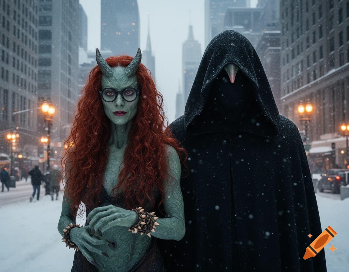 A green-skinned female demon with red curly hair, glasses, and horns stands next to a dark cloaked figure on a snowy New York City street.