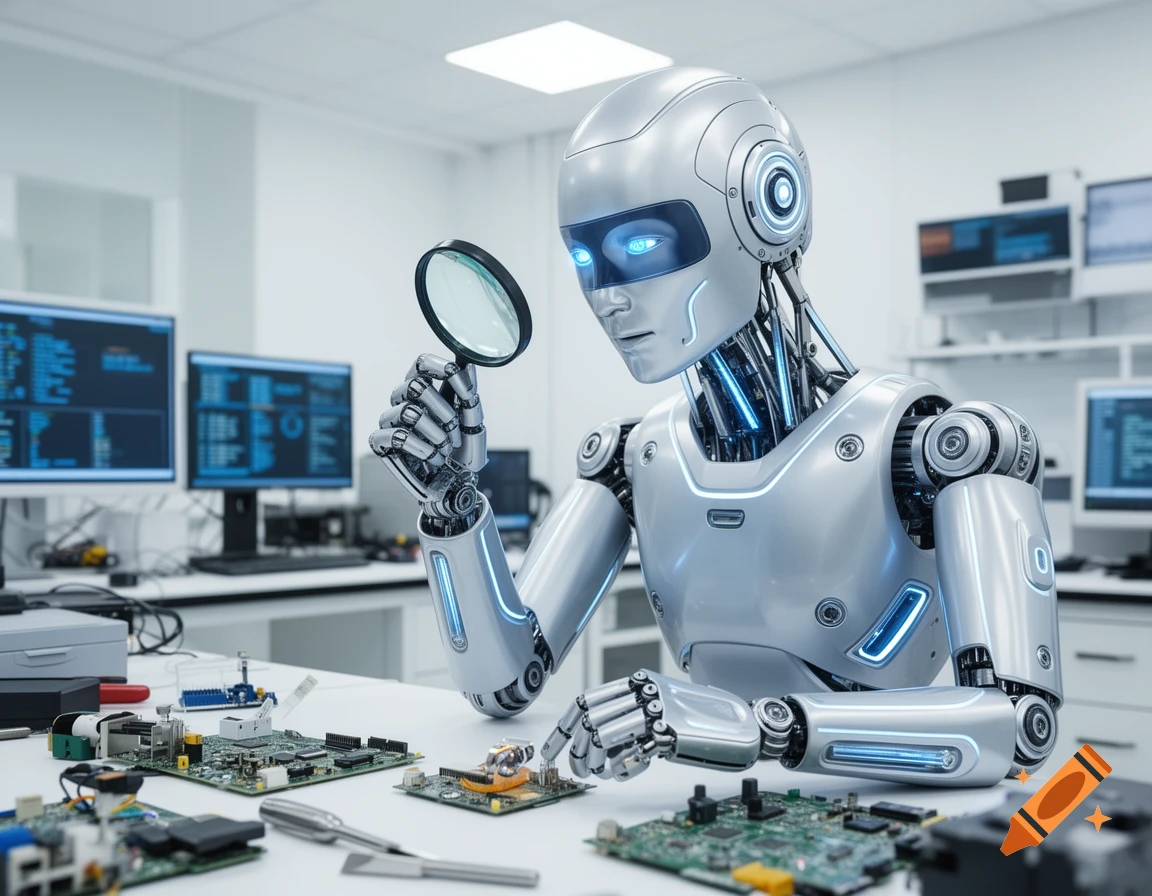 A silver robot with glowing blue eyes holds a magnifying glass over circuit boards in a modern science lab.