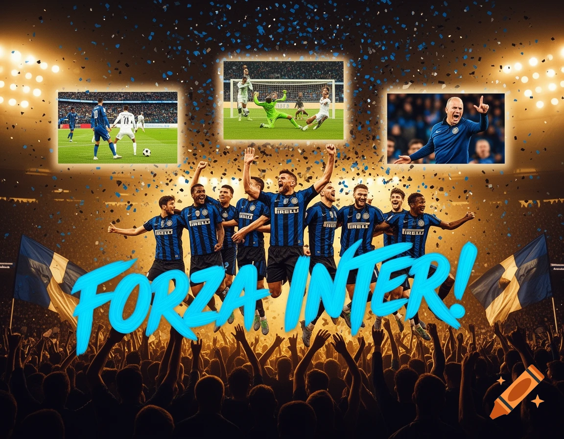 A vibrant collage celebrating Inter Milan, featuring cheering players, a coach, and fans in a stadium, with "FORZA INTER!" in bold blue text and three smaller action photos.