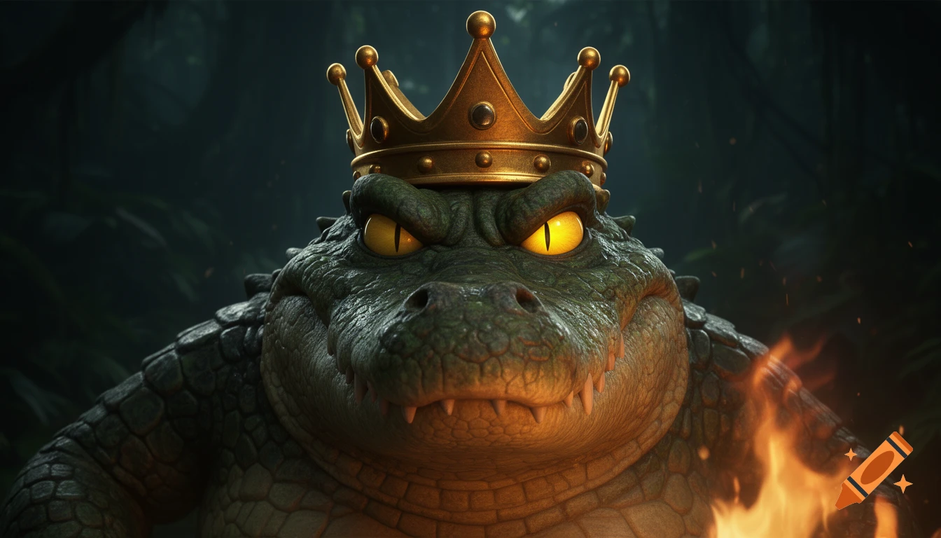 A realistic, intense crocodile with bright yellow eyes wears a golden crown, illuminated by firelight in a dark jungle.