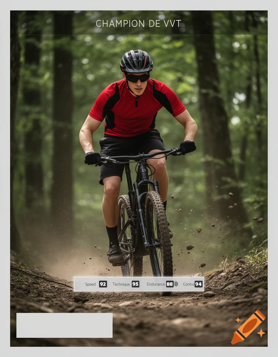 A man in a red and black jersey rides a black mountain bike downhill on a forest trail, kicking up dust. Text at the top reads "CHAMPION DE VVT" and a stats box displays "Speed 92 Technique 95 Endurance 88 Contro 94".