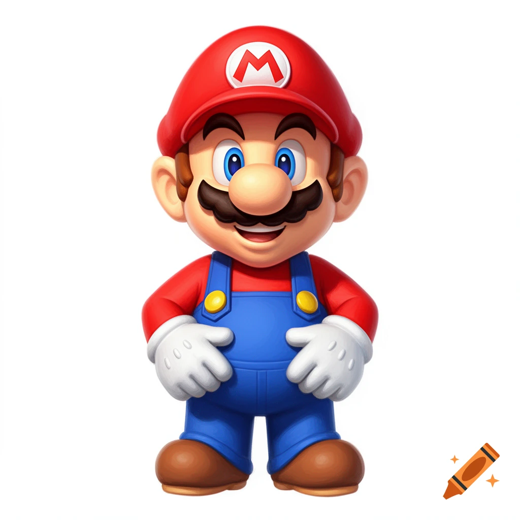 Full-body image of a smiling, cartoonish Mario character standing on a white background.