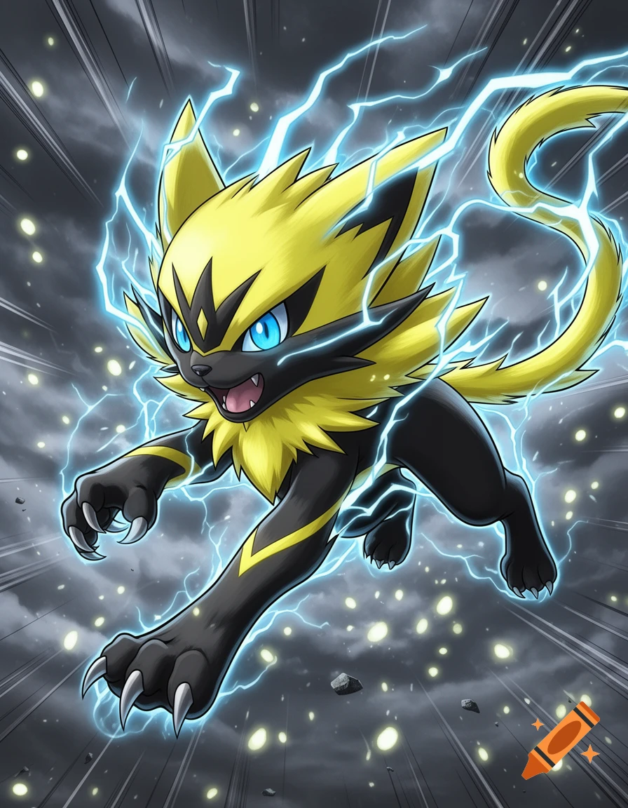 Zeraora, a black and yellow electric-type Pok emon, leaps forward surrounded by blue lightning and glowing energy against a stormy sky.