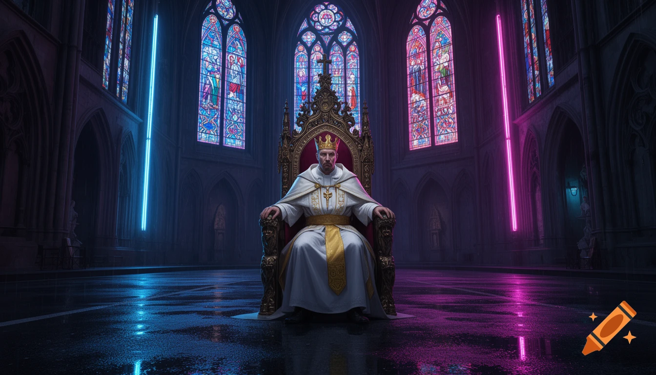A crowned figure in white pope-like robes on a golden throne in a dark gothic cathedral with blue and pink neon lights reflecting on a wet floor, digital art.