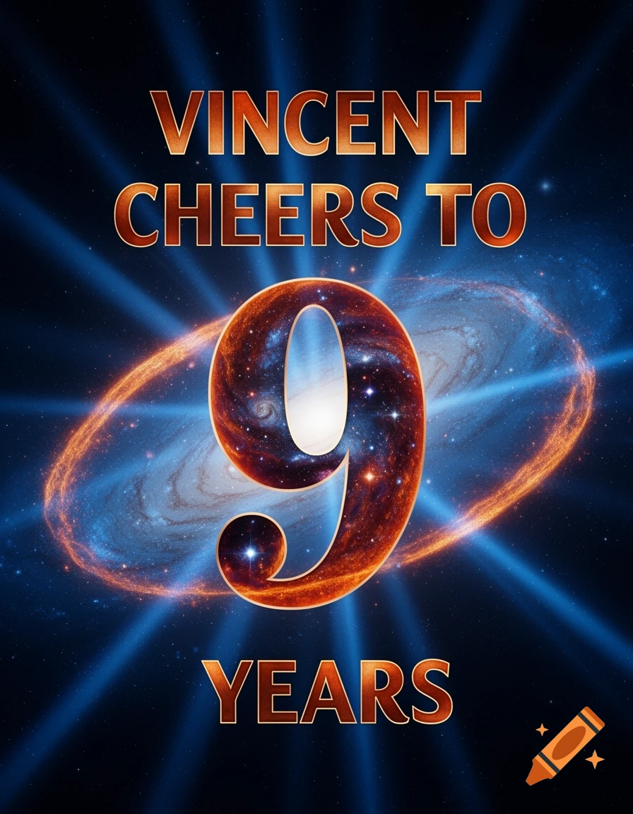 A cosmic-themed image with a spiral galaxy and blue light rays, featuring glowing text that reads 'VINCENT CHEERS TO 9 YEARS' and a large number 9.