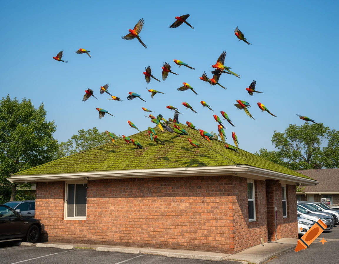 A flock of colorful parrots descending onto a brick building with a bright green roof, with cars parked nearby under a clear blue sky.