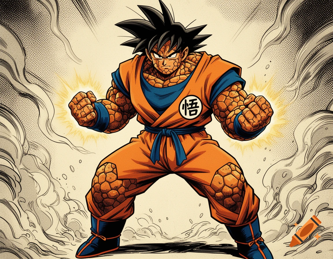 Son Goku with The Thing's rocky skin, wearing an orange gi and blue sash, stands in a powerful pose with glowing fists, in a comic art style.