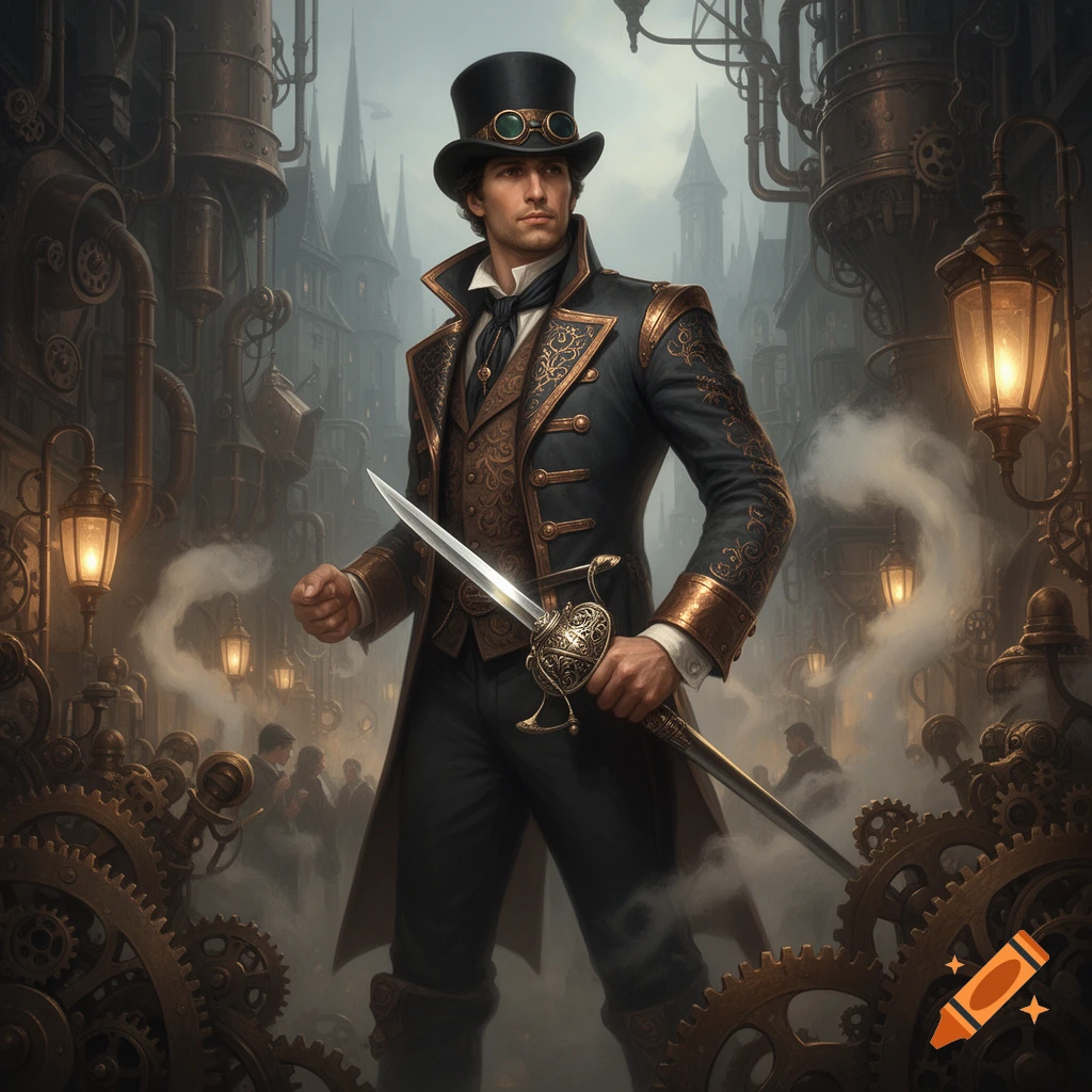 A fashionable man in a top hat and ornate coat holds a sword in a smoky steampunk city street, fantasy art style.