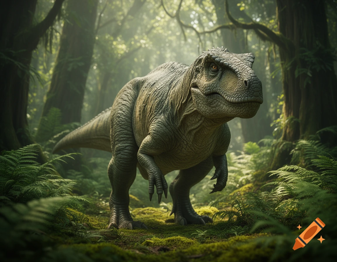 A detailed, photorealistic image of a large, green dinosaur standing in a lush, misty jungle environment.