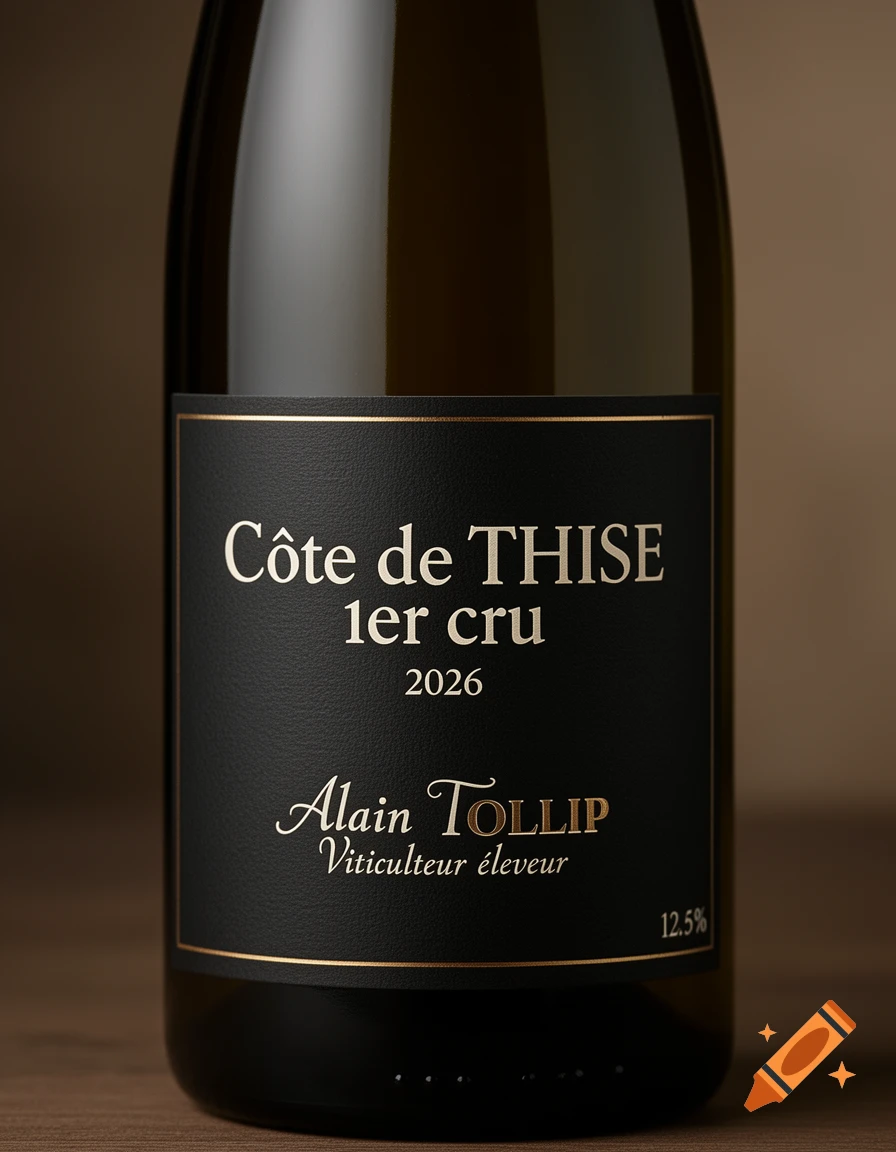 Close-up of a dark wine bottle with a black and gold label displaying 'Côte de THISE 1er cru 2026 Alain TOLLIP Viticulteur éleveur 12.5%'.