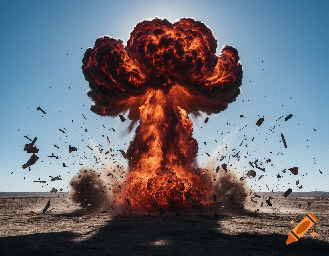 Massive fiery explosion forming a mushroom cloud with debris flying across a desolate desert under a clear blue sky, photorealistic.