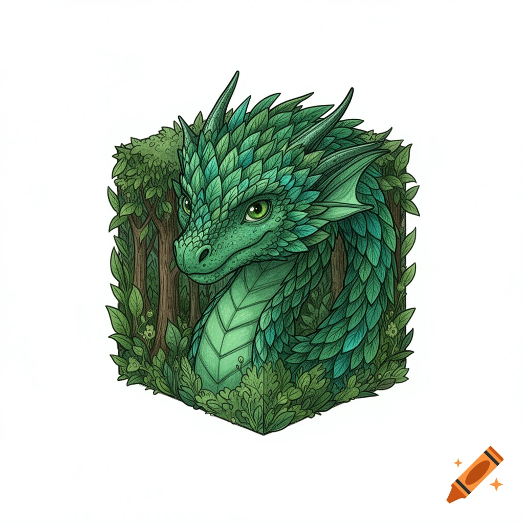 Stylized illustration of a green dragon's head and neck emerging from a cube of forest trees and foliage.