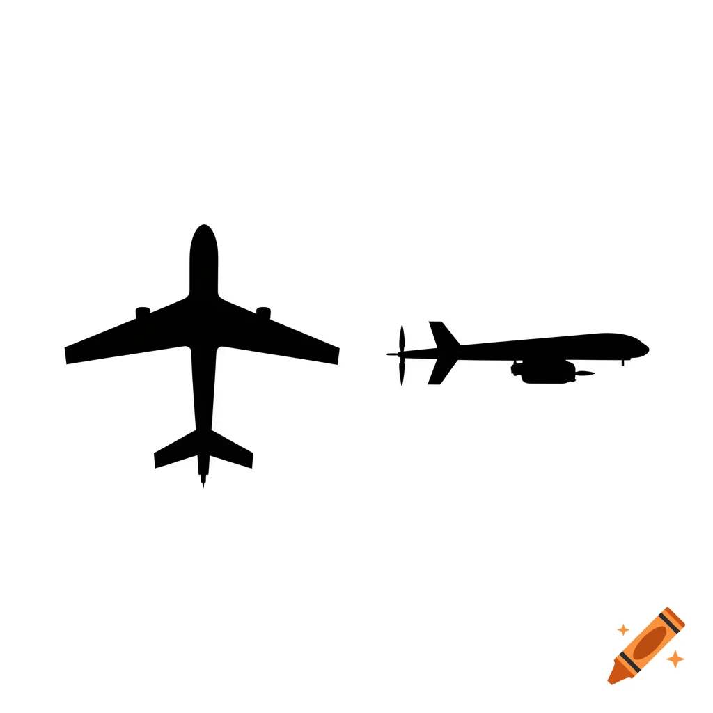 Black silhouettes of an airplane from above and a drone from the side on a white background, pictogram style.