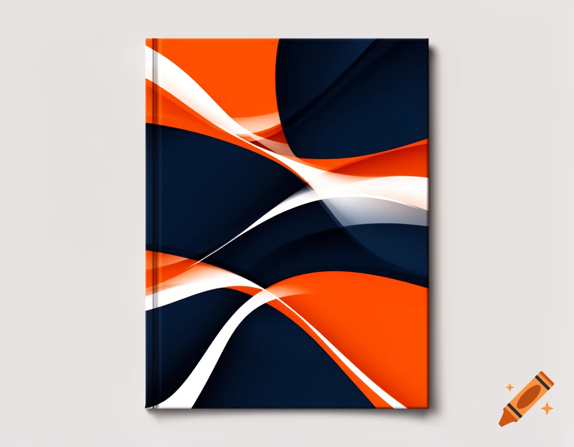 Abstract background with flowing navy blue, bright orange, and white wavy shapes.