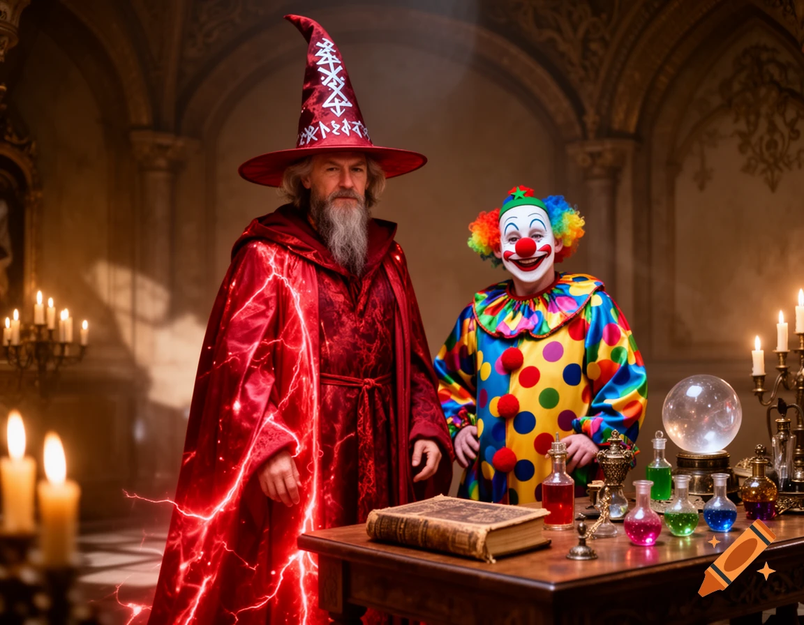 A wizard in a red, electric-glowing robe and tall hat stands with a colorful clown with a white painted face and red nose, next to a table with magic potions and a book.