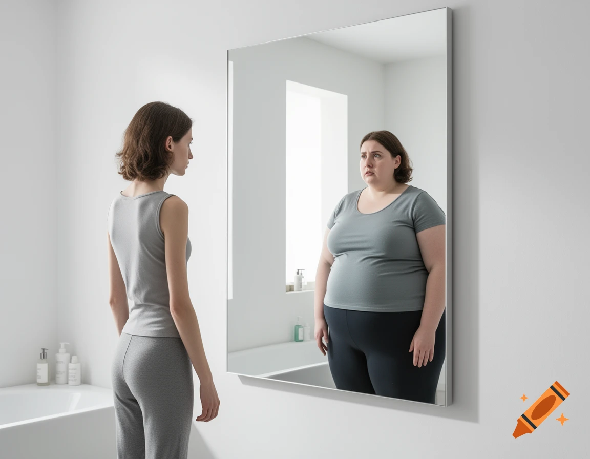 A thin woman looks into a mirror, seeing a much heavier version of herself in the reflection, in a bright bathroom.