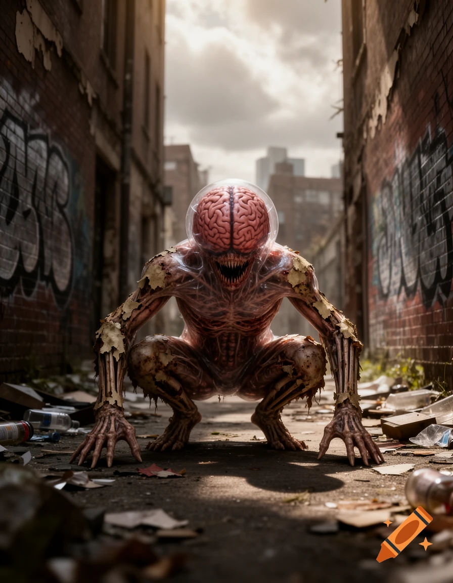 A grotesque, brain-headed monster with exposed flesh and peeling skin crouches in a dirty, graffiti-covered alley.