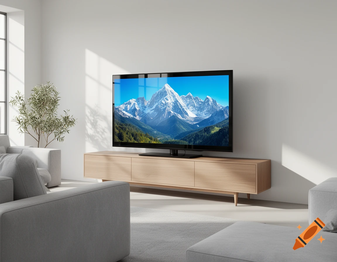 A modern living room with a large flat-screen TV on a wooden console, displaying a snow-capped mountain range.