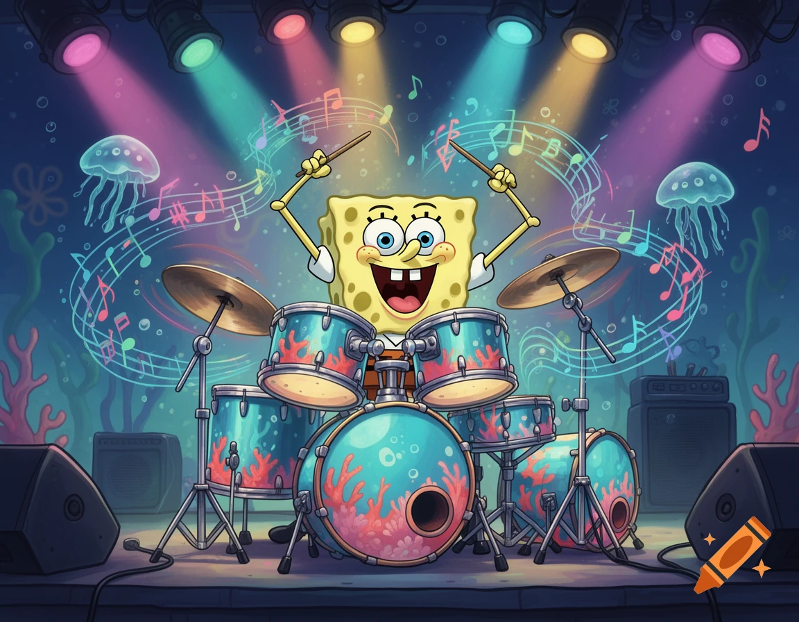 SpongeBob SquarePants gleefully playing a drum set on an underwater stage with colorful lights and musical notes, cartoon style.