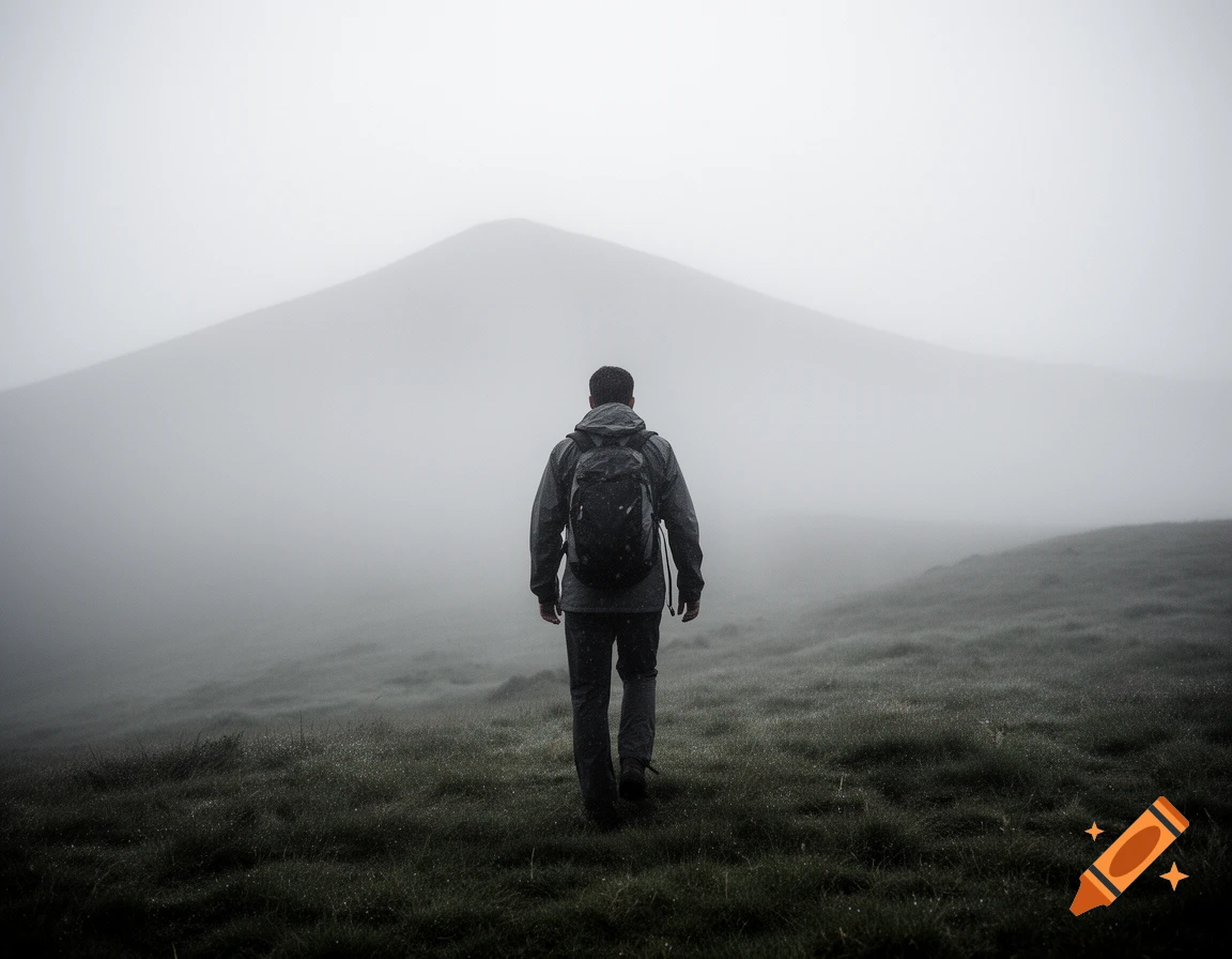 A lone hiker with a backpack walks on a misty, grassy mountain path toward a hidden peak.