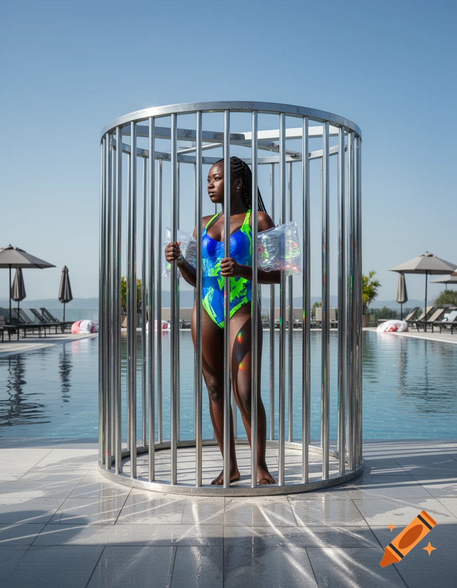 A Black woman in a blue and green swimsuit stands inside a cylindrical metal cage by a sunny swimming pool, holding transparent arm floats.