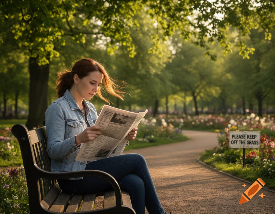 A woman with reddish-brown hair sits on a park bench, reading a newspaper in a sunlit park with trees and flowers.