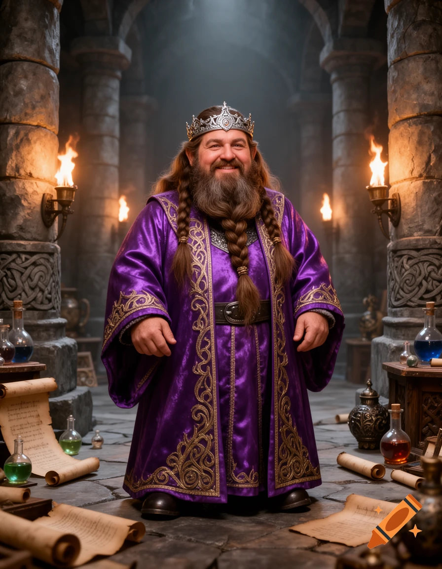 A smiling dwarf king in a purple and gold robe and crown stands in a stone hall with torches, scrolls, and alchemical bottles.