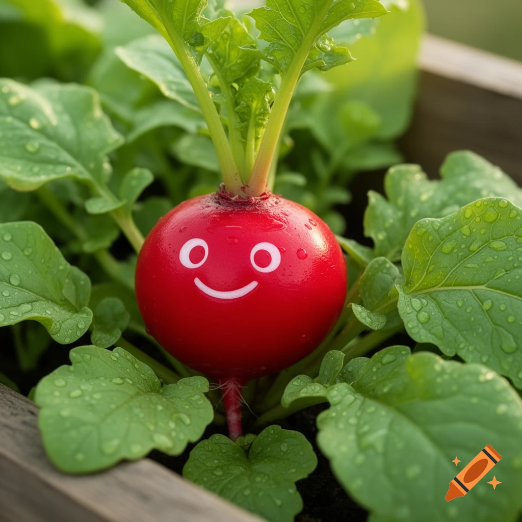 A red radish with a happy white cartoon face grows among green, dewy leaves in a garden bed.