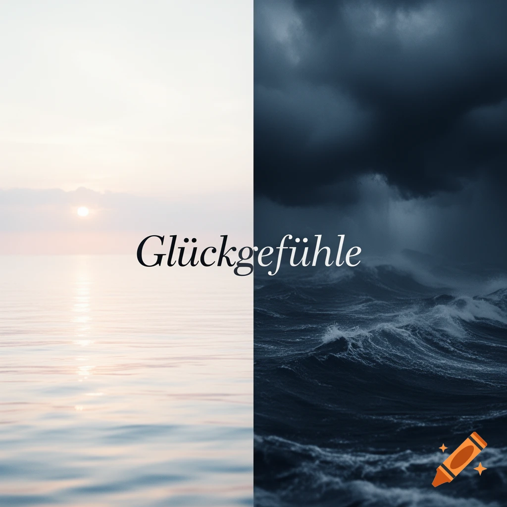 A split image with a serene ocean sunset on the left and a stormy dark ocean on the right, with 'Glückgefühle' text across the middle.