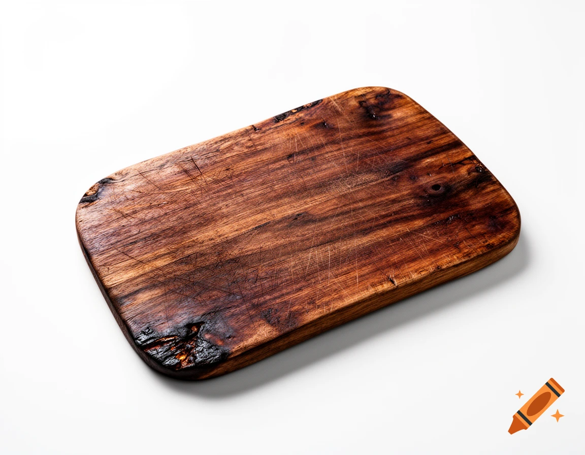 A rustic, well-used wooden cutting board with knife marks on a white background.
