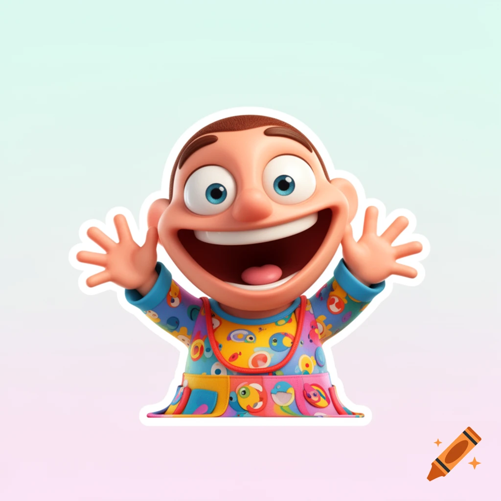A cheerful, cartoony character with wide blue eyes, a big open-mouthed smile, and hands raised in excitement, wearing a vibrant, patterned outfit. Rendered as a sticker.