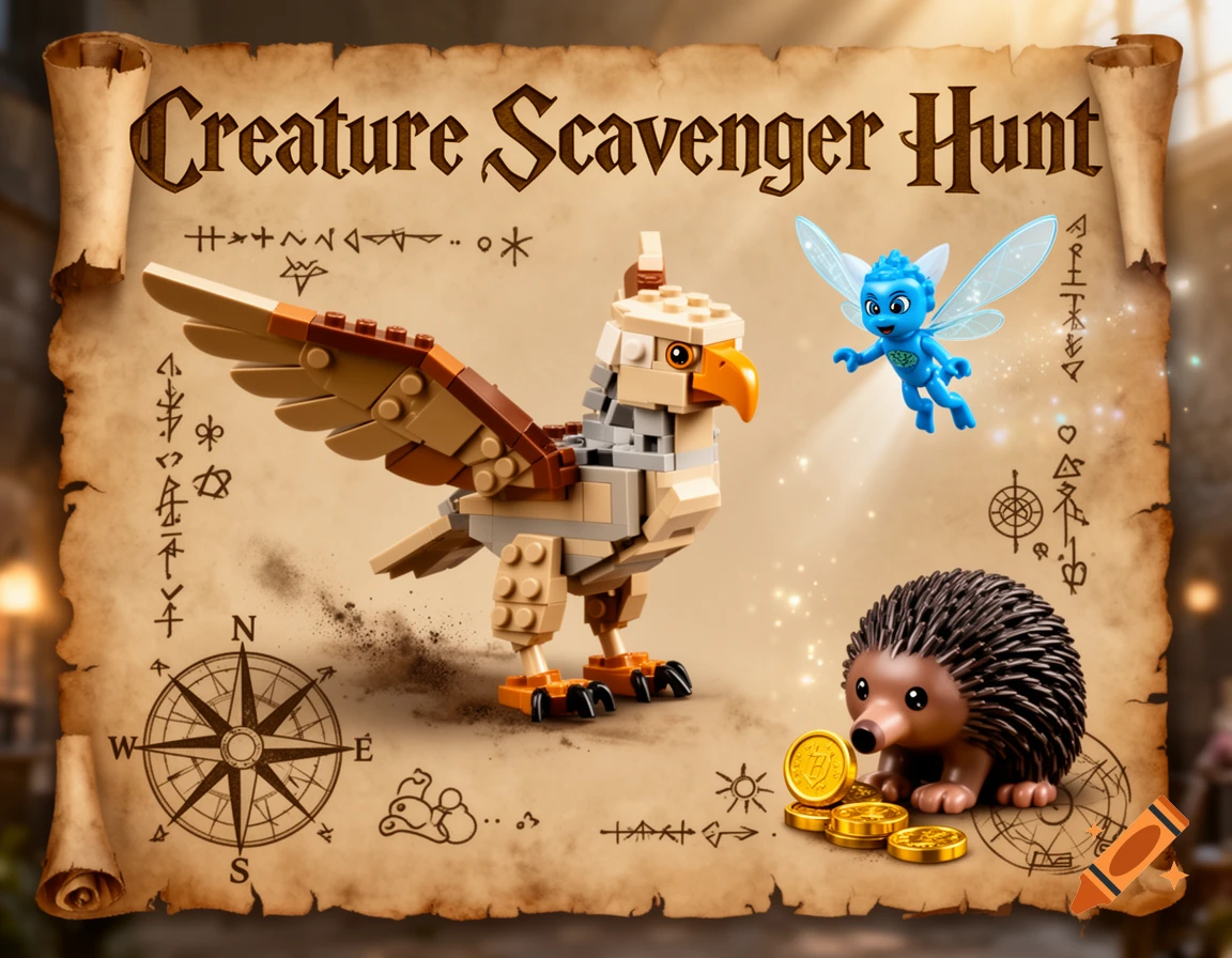 Lego Hippogriff, blue pixie, and hedgehog creature with gold coins on an old scroll titled 'Creature Scavenger Hunt'.