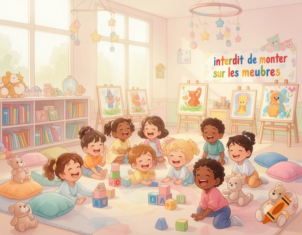 Watercolor illustration of happy children playing with blocks and stuffed animals in a bright daycare with a sign 'Do not climb on furniture'.