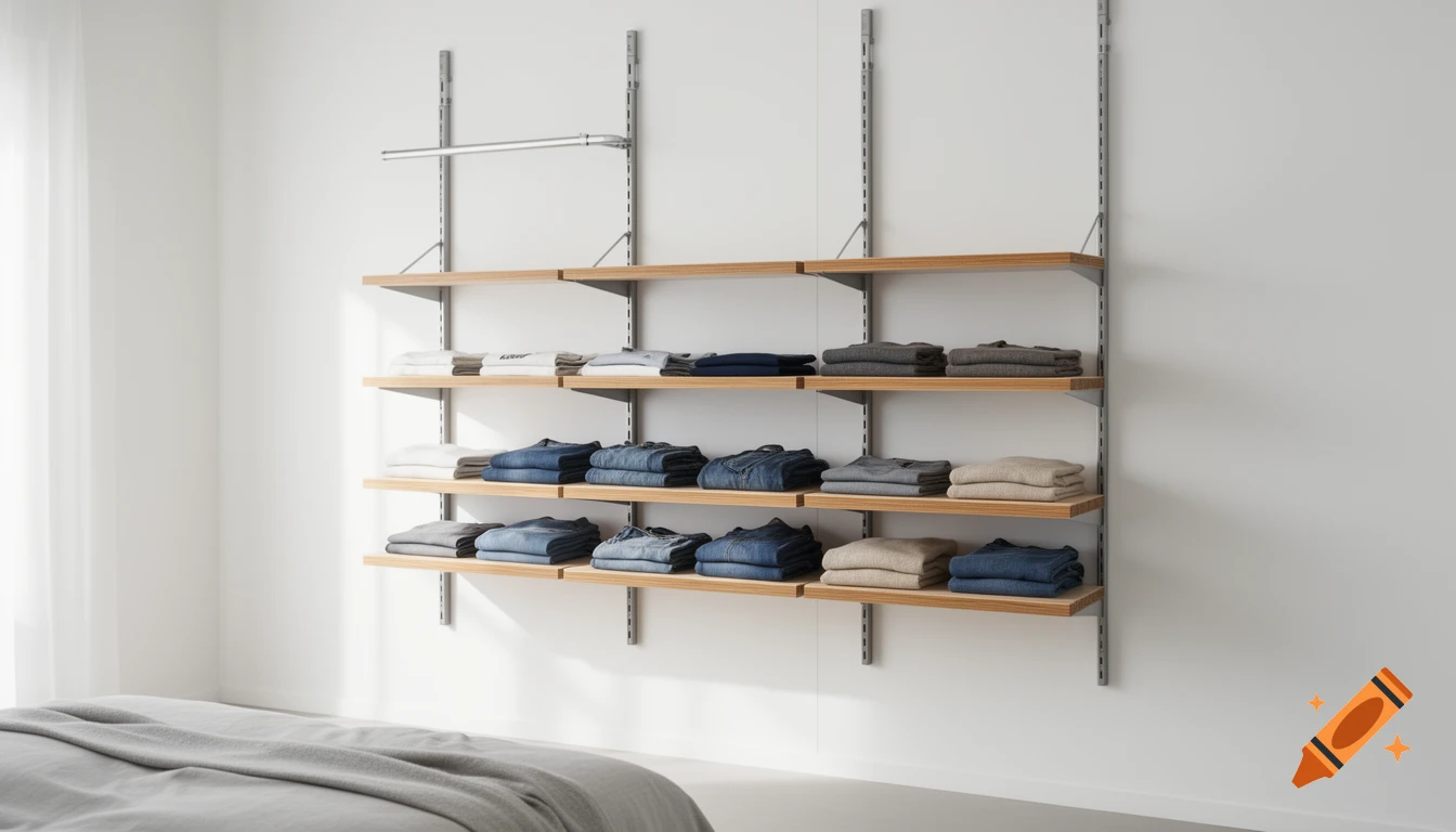 A photorealistic image of a minimalist wooden wall shelving unit filled with neatly folded clothes in a bright, modern room.