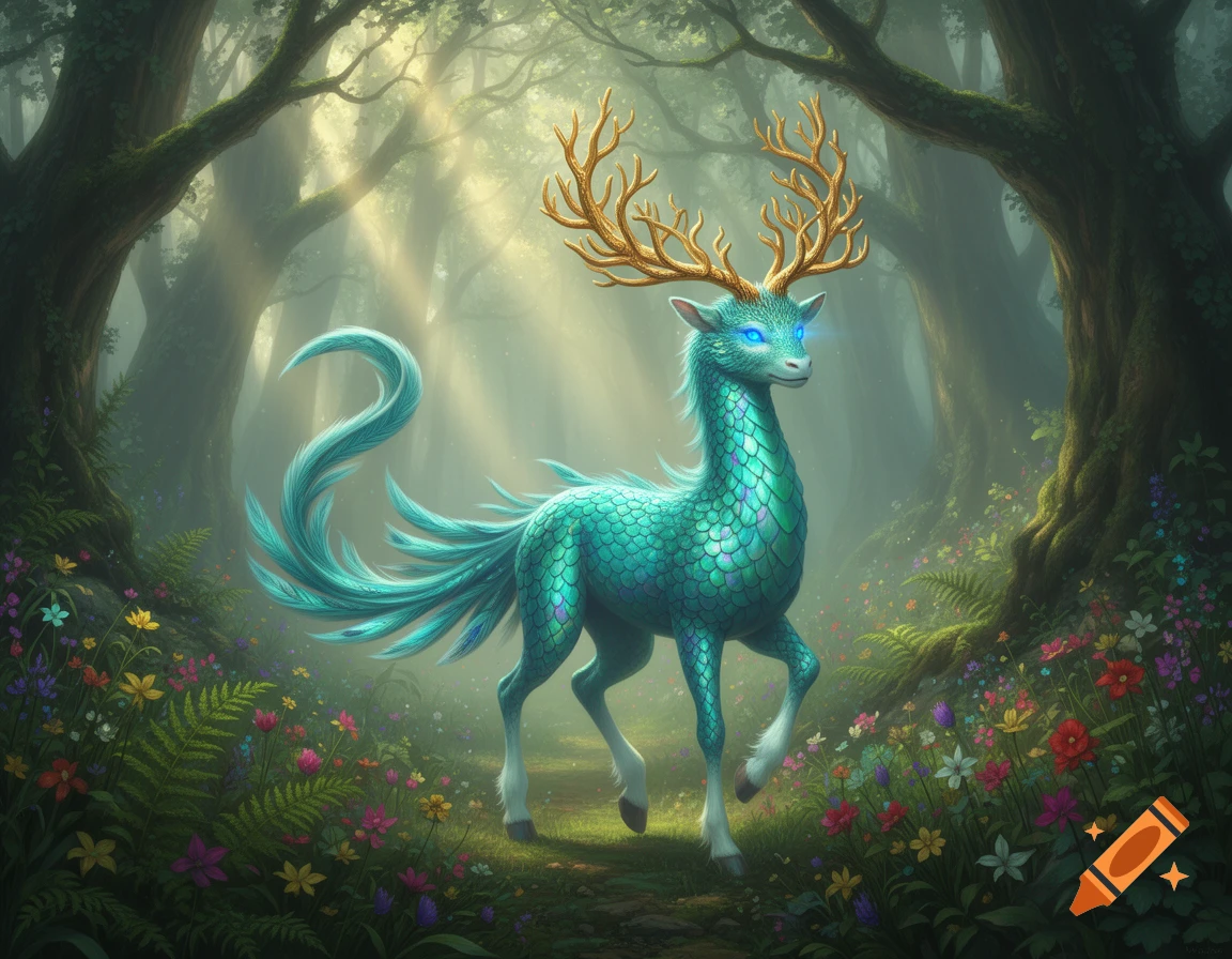 A vibrant teal fantasy creature with golden antlers and glowing blue eyes stands in a sunlit magical forest amidst colorful flowers.