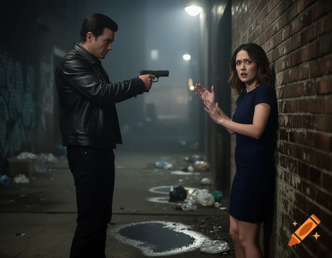 A man in a leather jacket points a pistol at a terrified woman in a dark, trash-strewn alley.