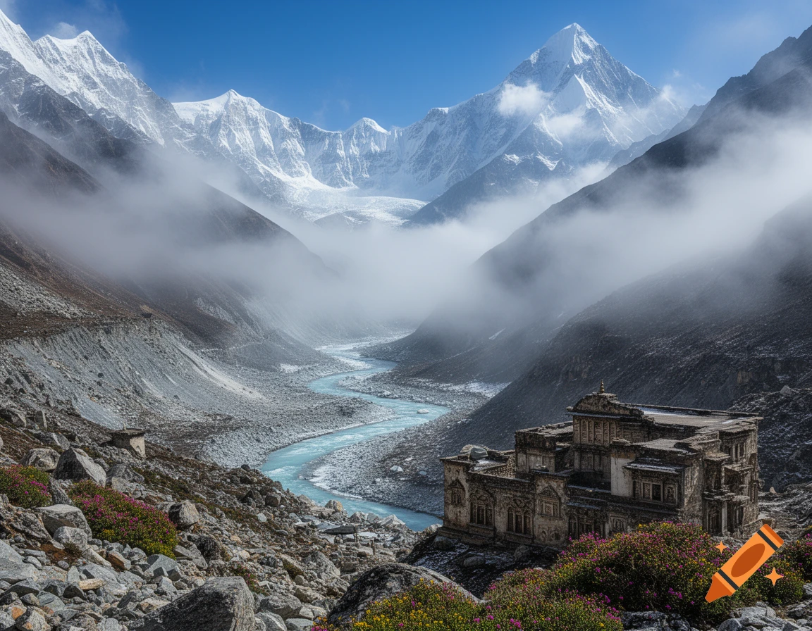 Photorealistic image of a winding blue river flowing through a rocky mountain valley with an ornate building and snow-capped peaks in the mist.