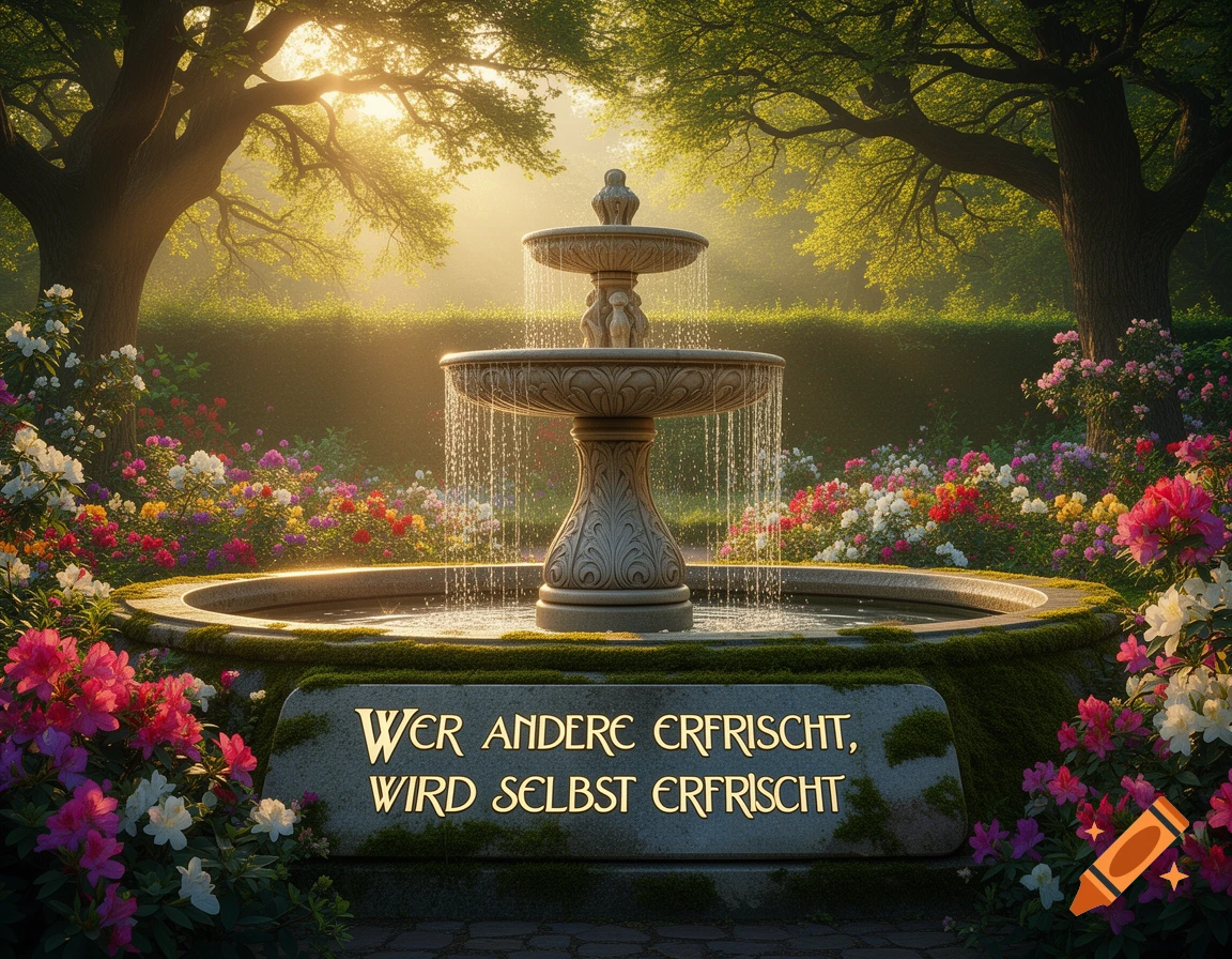 A serene garden scene with a tiered stone fountain surrounded by colorful flowers and lush trees, bathed in golden sunlight.